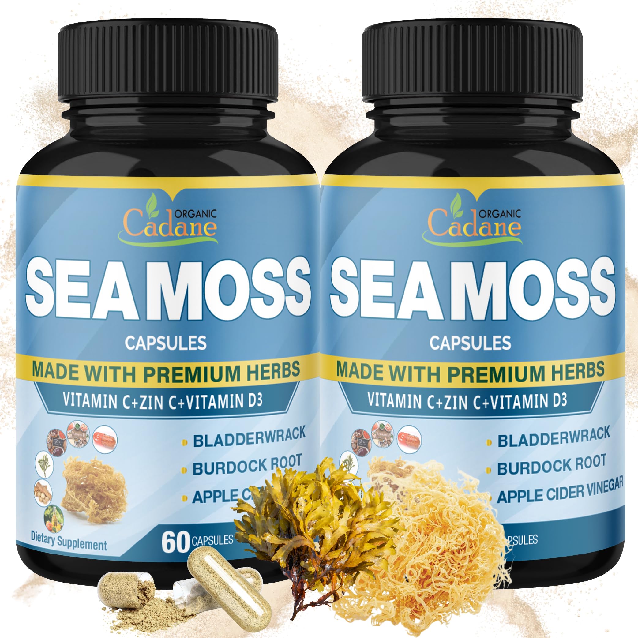 Organic Cadane front packaging showing two-pack bottle and label benefits