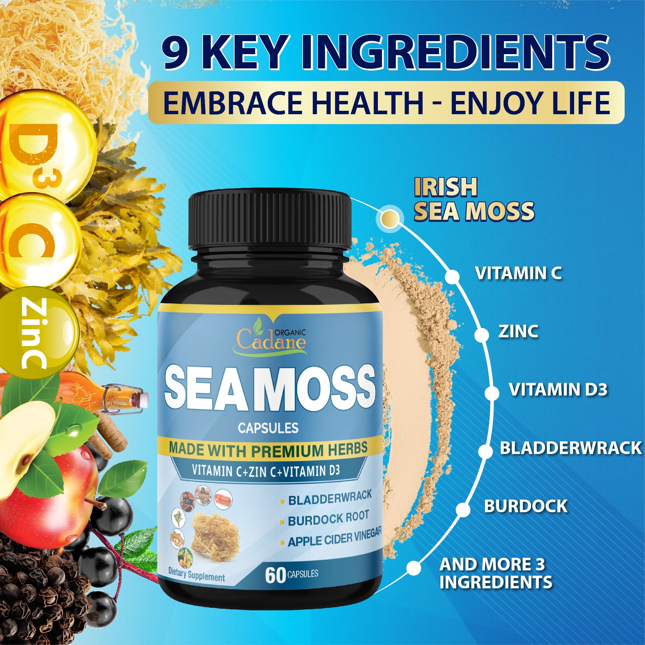 Organic Cadane label close-up showing ingredient list and supplement facts