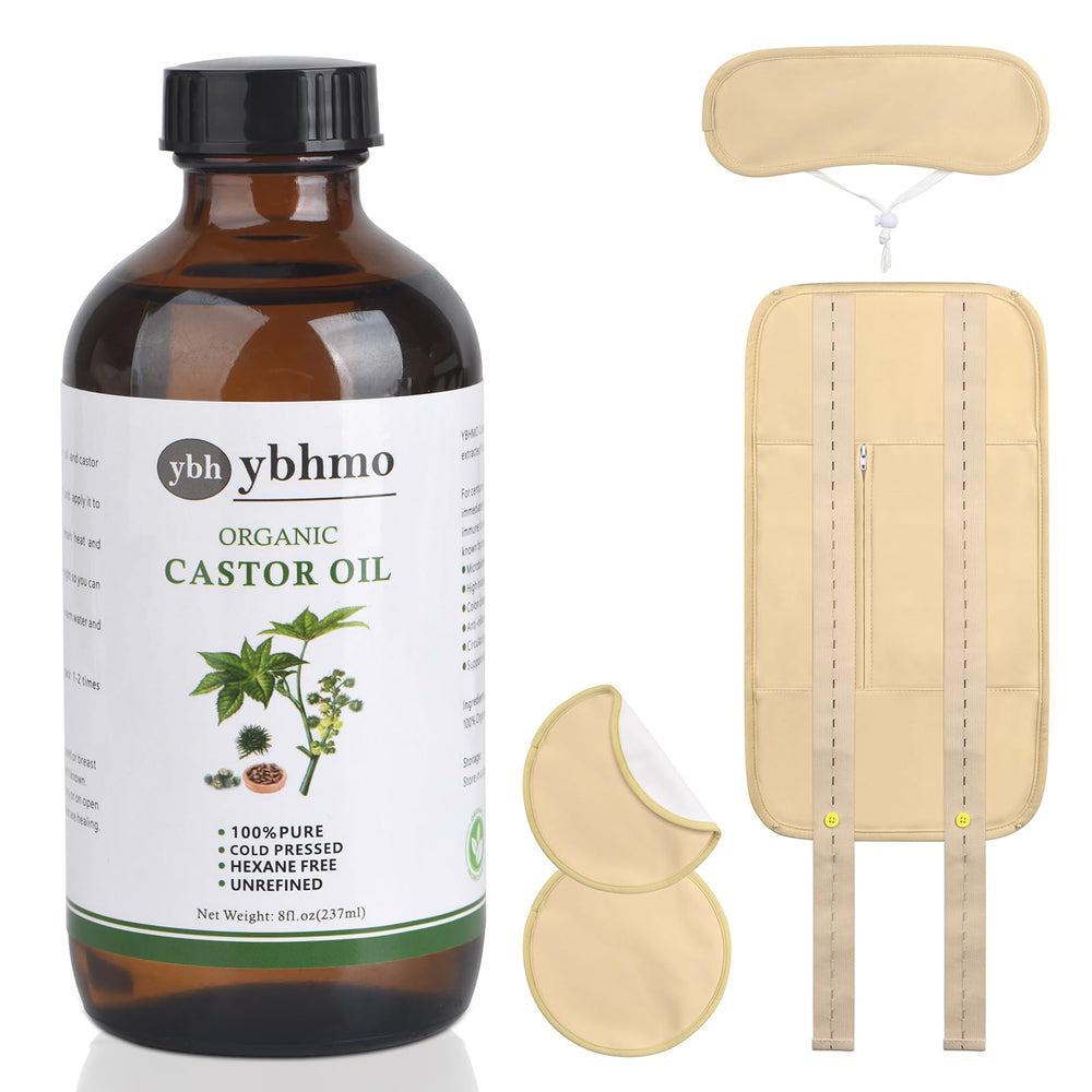 Amber glass bottle containing 8oz organic castor oil, cold pressed
