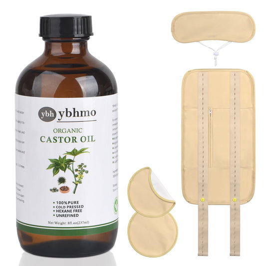 Amber glass bottle containing 8oz organic castor oil, cold pressed