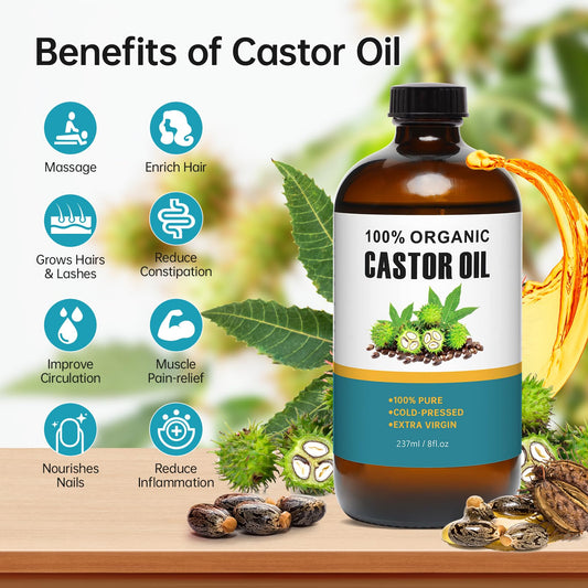 8 oz organic cold-pressed hexane-free castor oil in amber glass bottle