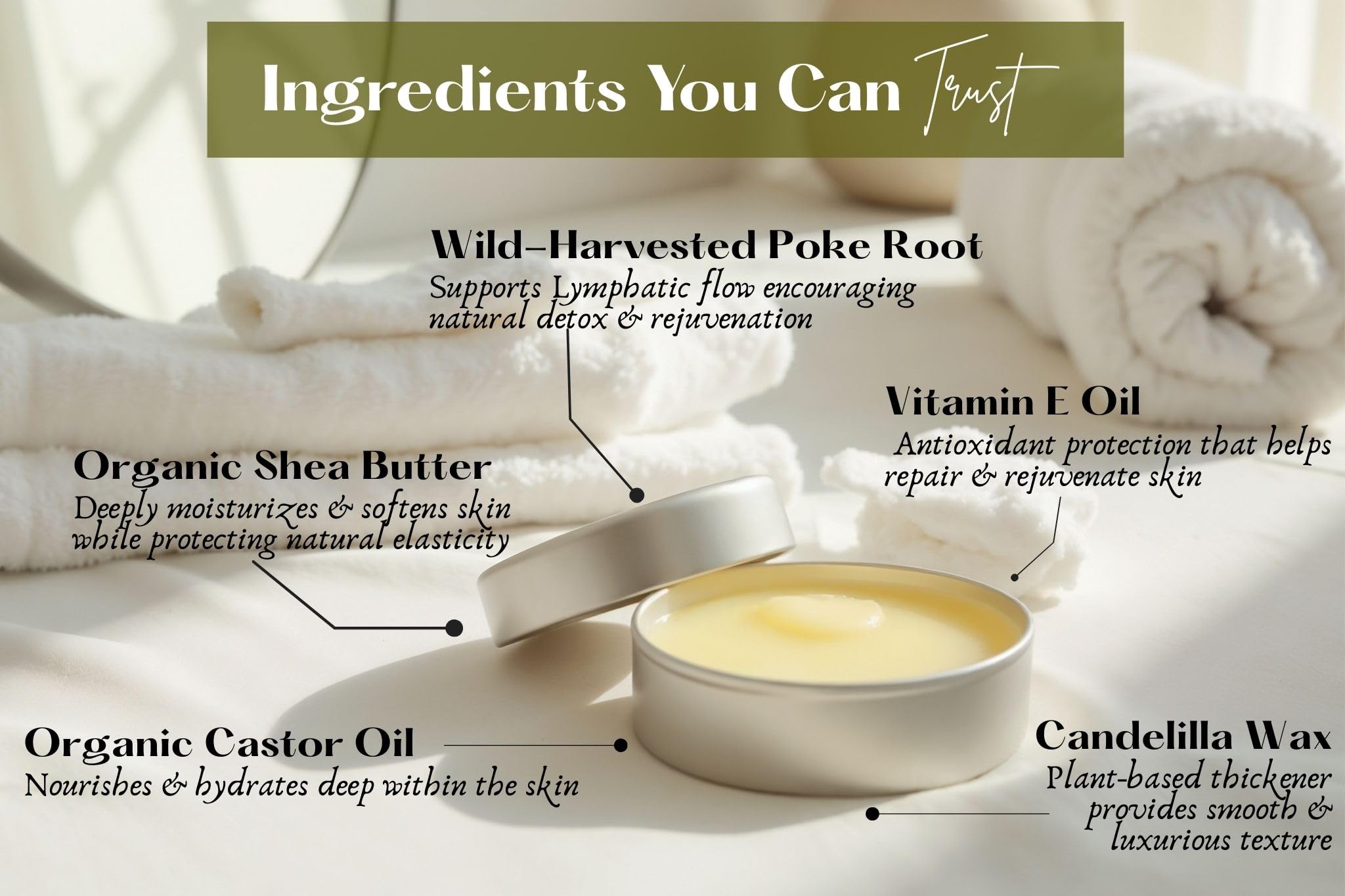 Organic castor oil, shea butter, candelilla wax and vitamin E ingredients