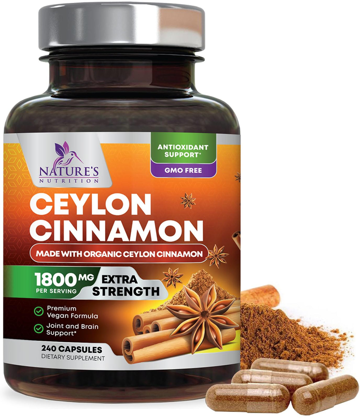 Organic Ceylon Cinnamon supplement bottle with capsules