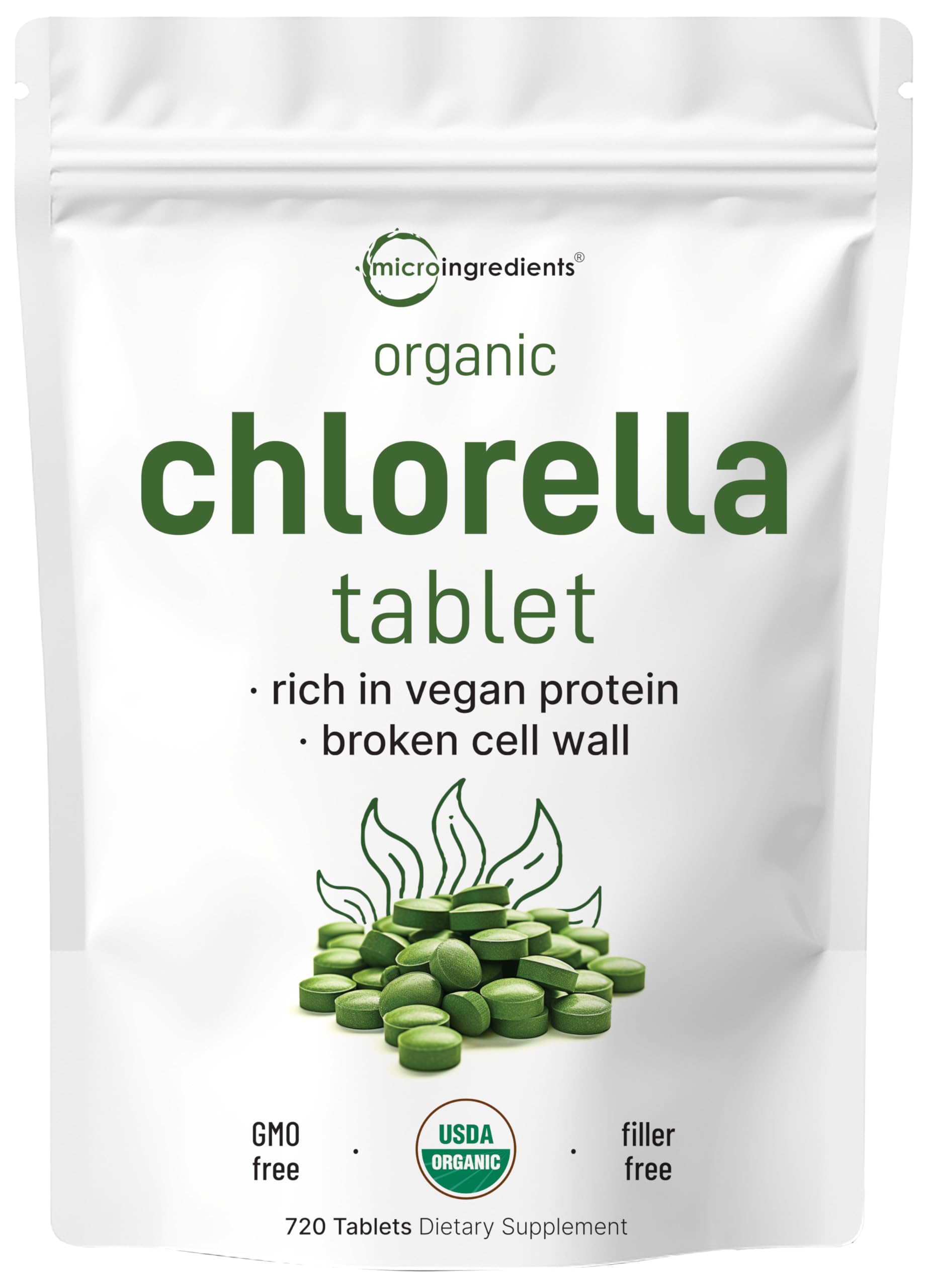 Front view of Organic Chlorella tablets bottle