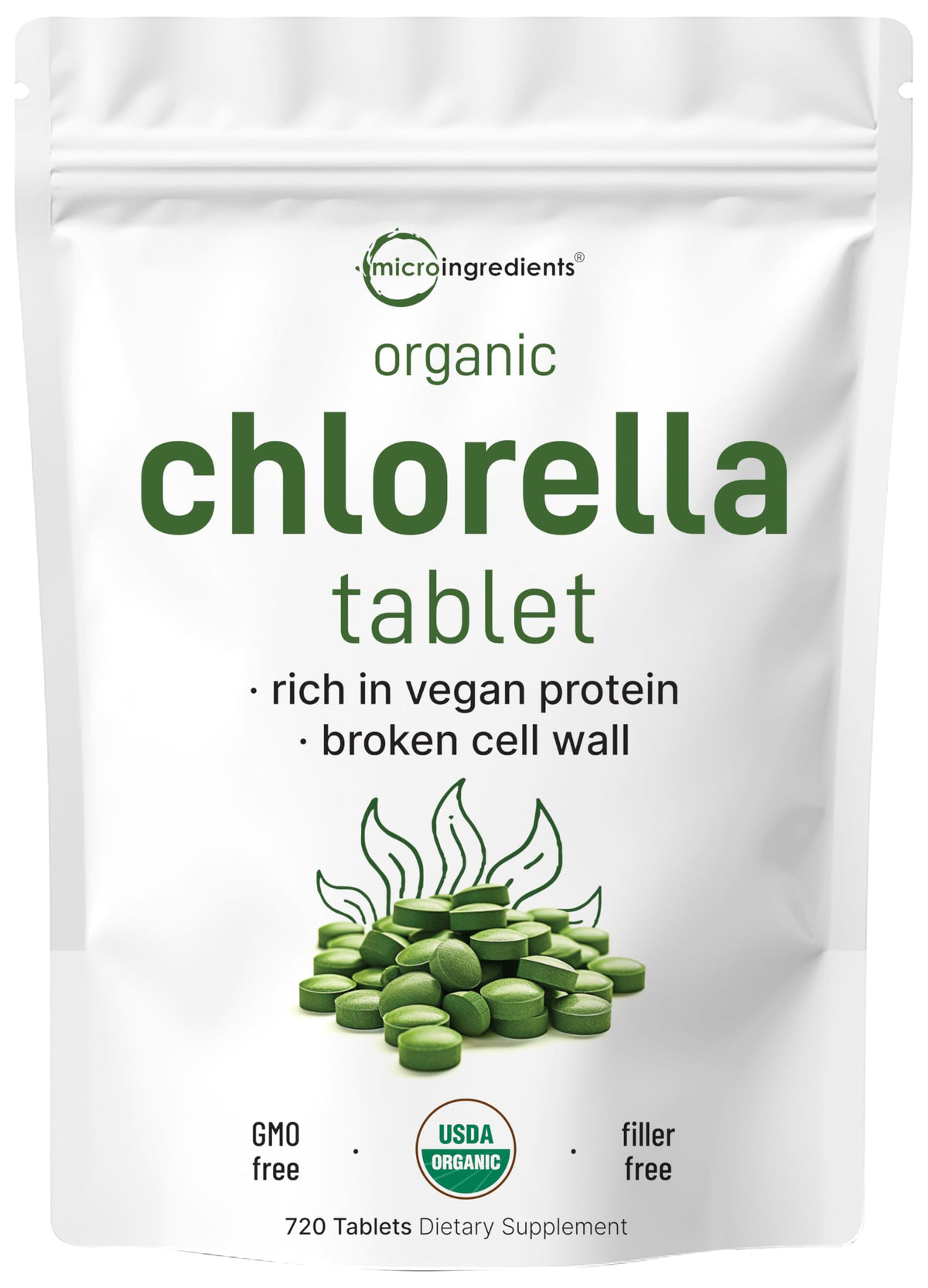 Front view of Organic Chlorella tablets bottle