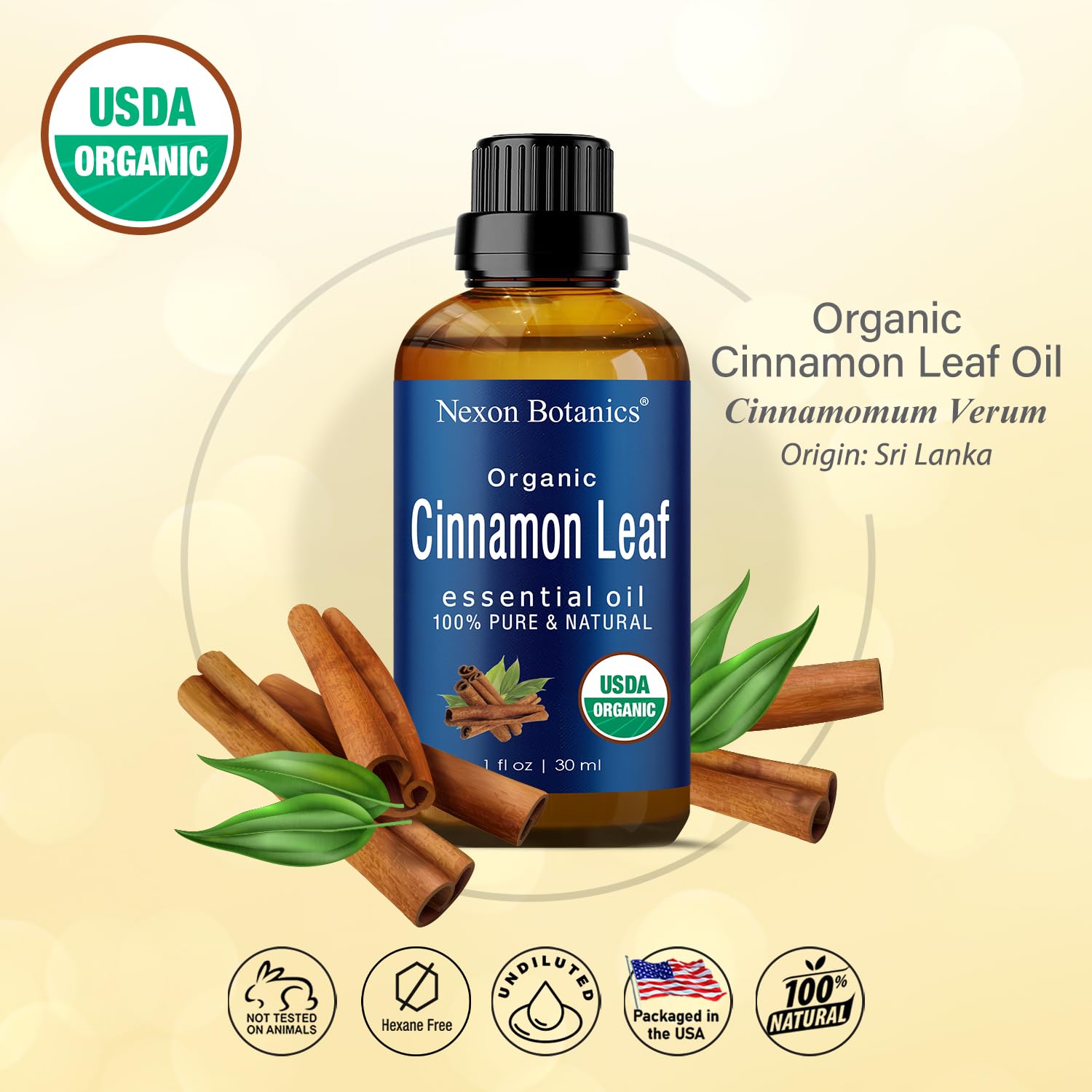 Organic Cinnamon Essential Oil 30 ml bottle close-up