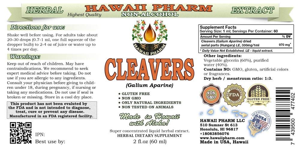Organic dried glycerite of Cleavers herb in a glass container