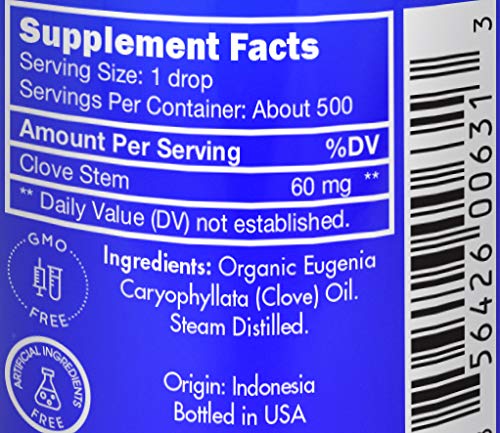 Ingredients and label for organic clove oil