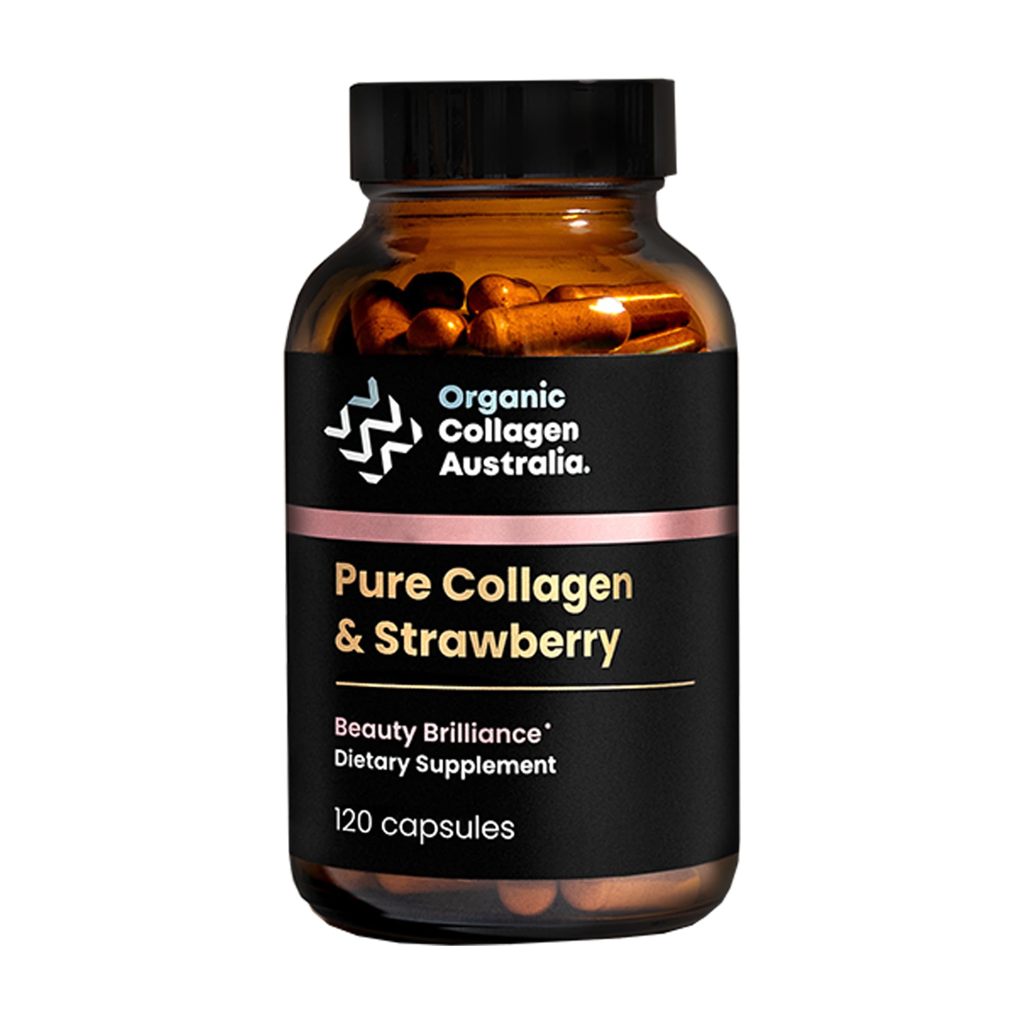 Bottle of Organic Collagen Australia Beauty Brilliance Strawberry Capsules