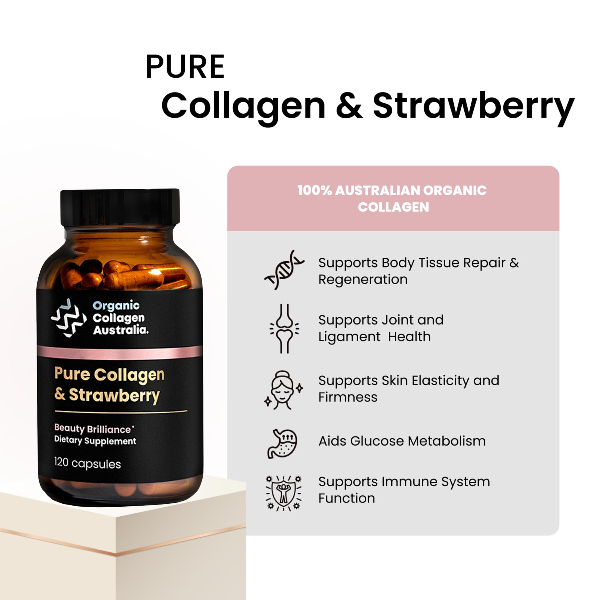 Close-up label on Beauty Brilliance Strawberry Capsules bottle