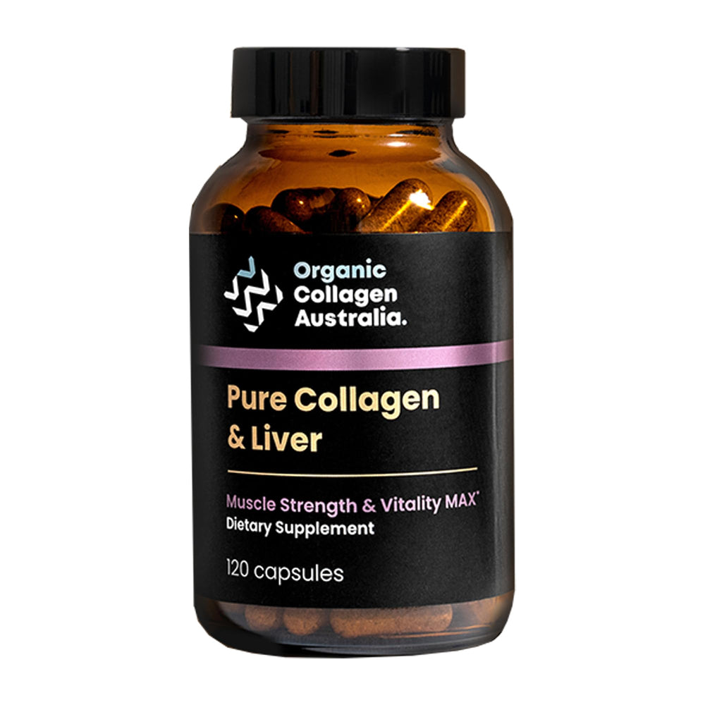 Front view of Organic Collagen Australia Pure Collagen & Liver Capsules bottle
