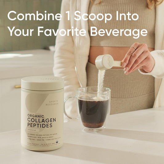 Unflavored collagen peptides powder in a scoop