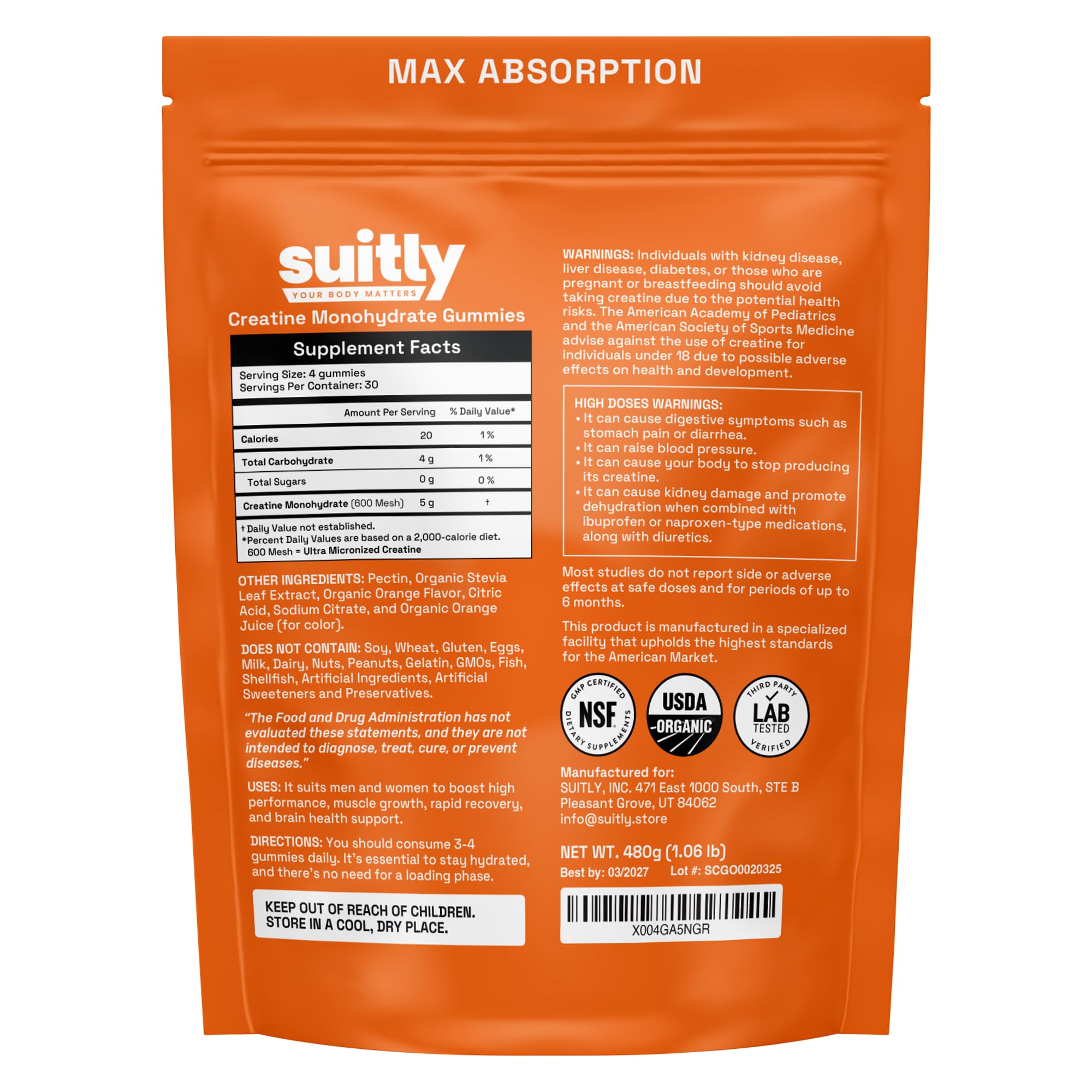 Nutrition label for organic orange-creatine gummies