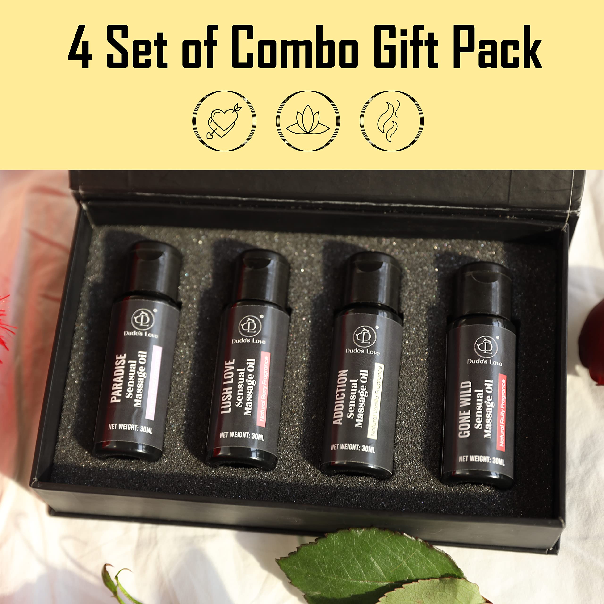 Floral scented massage oil bottle in the four-pack set