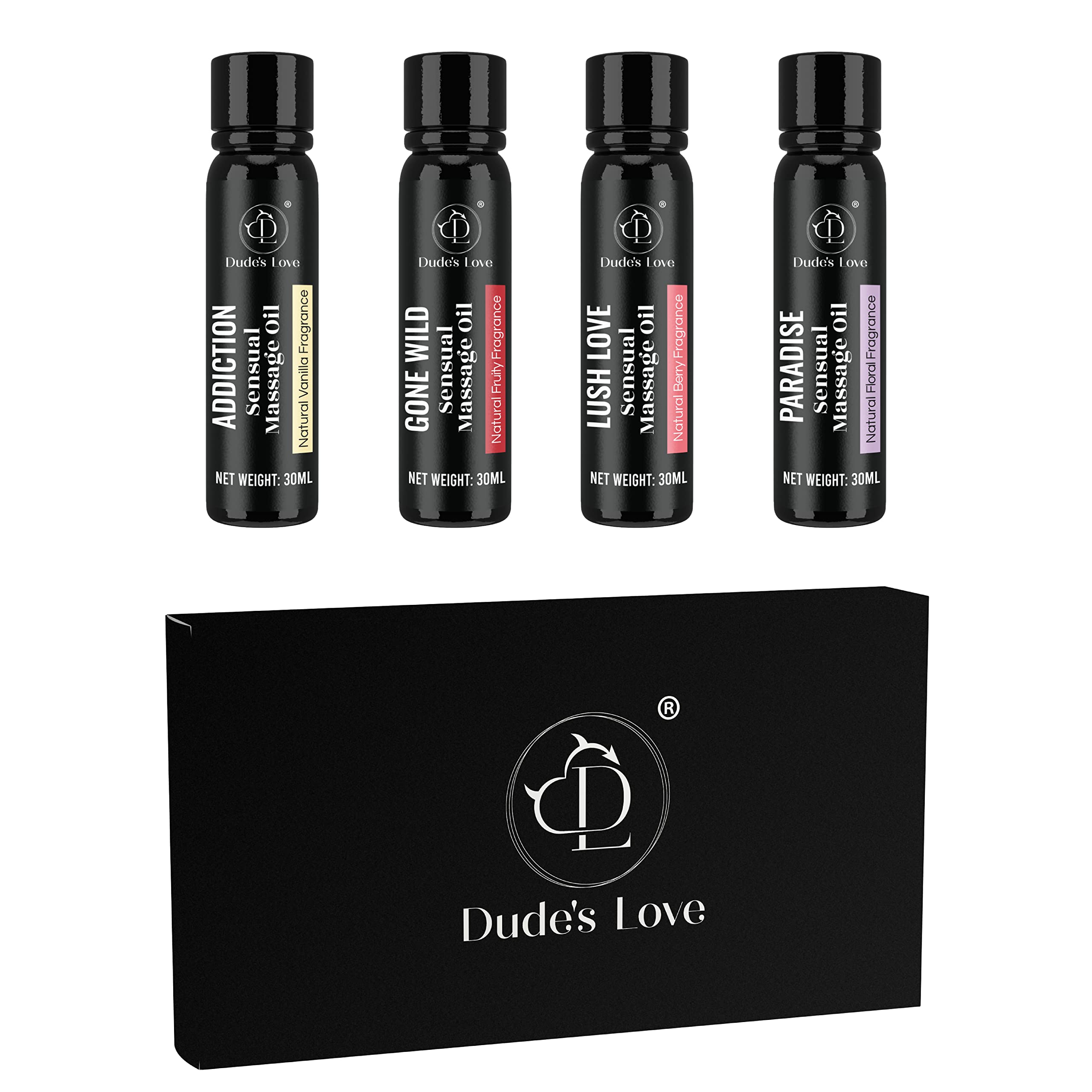 Vanilla scented massage oil bottle in the four-pack set