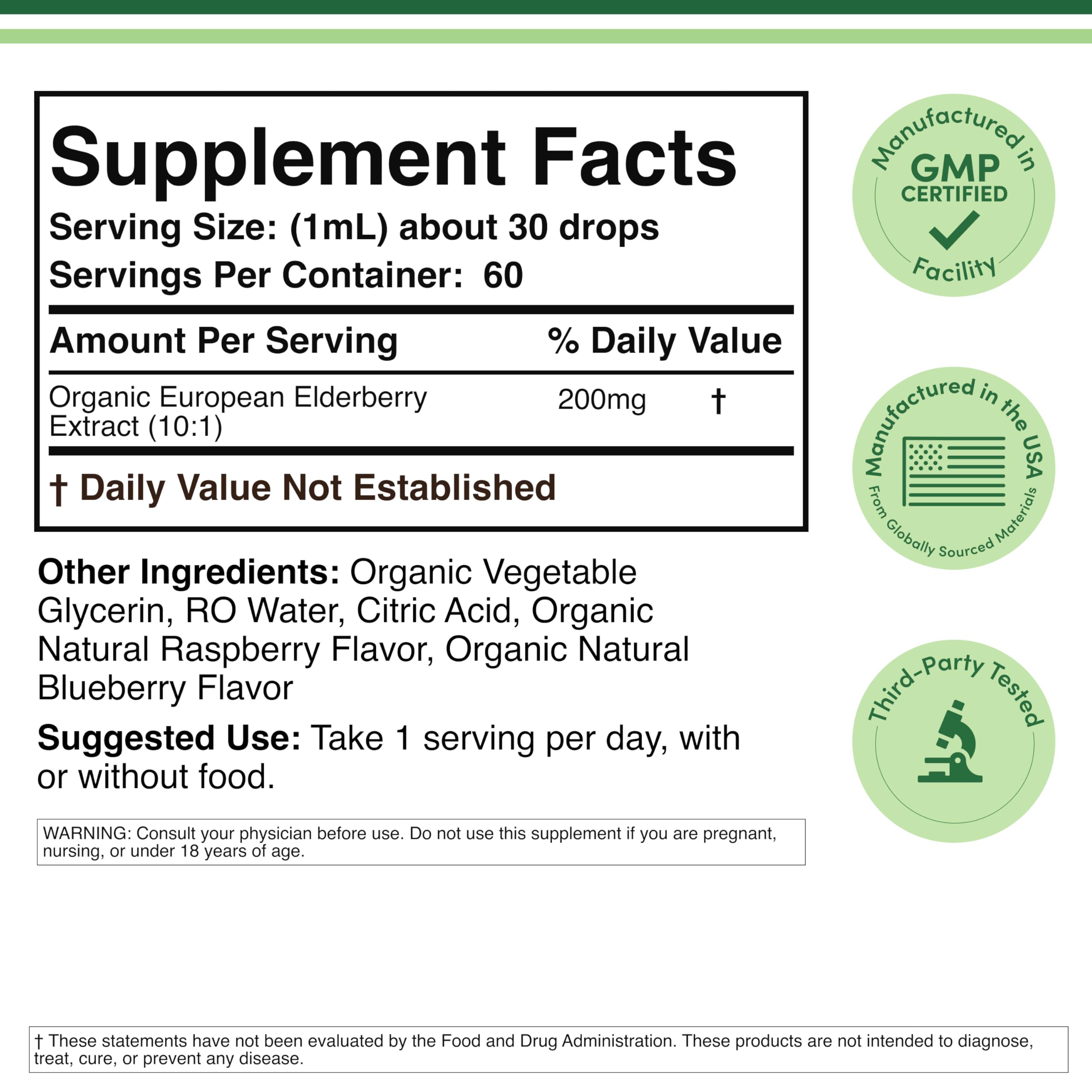 Close-up of Organic Elderberry Liquid bottle label