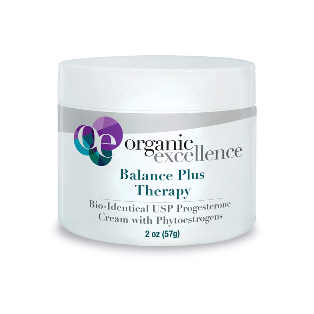 Organic Excellence Balance Plus Therapy bottle shows natural estrogen support for daily balance.