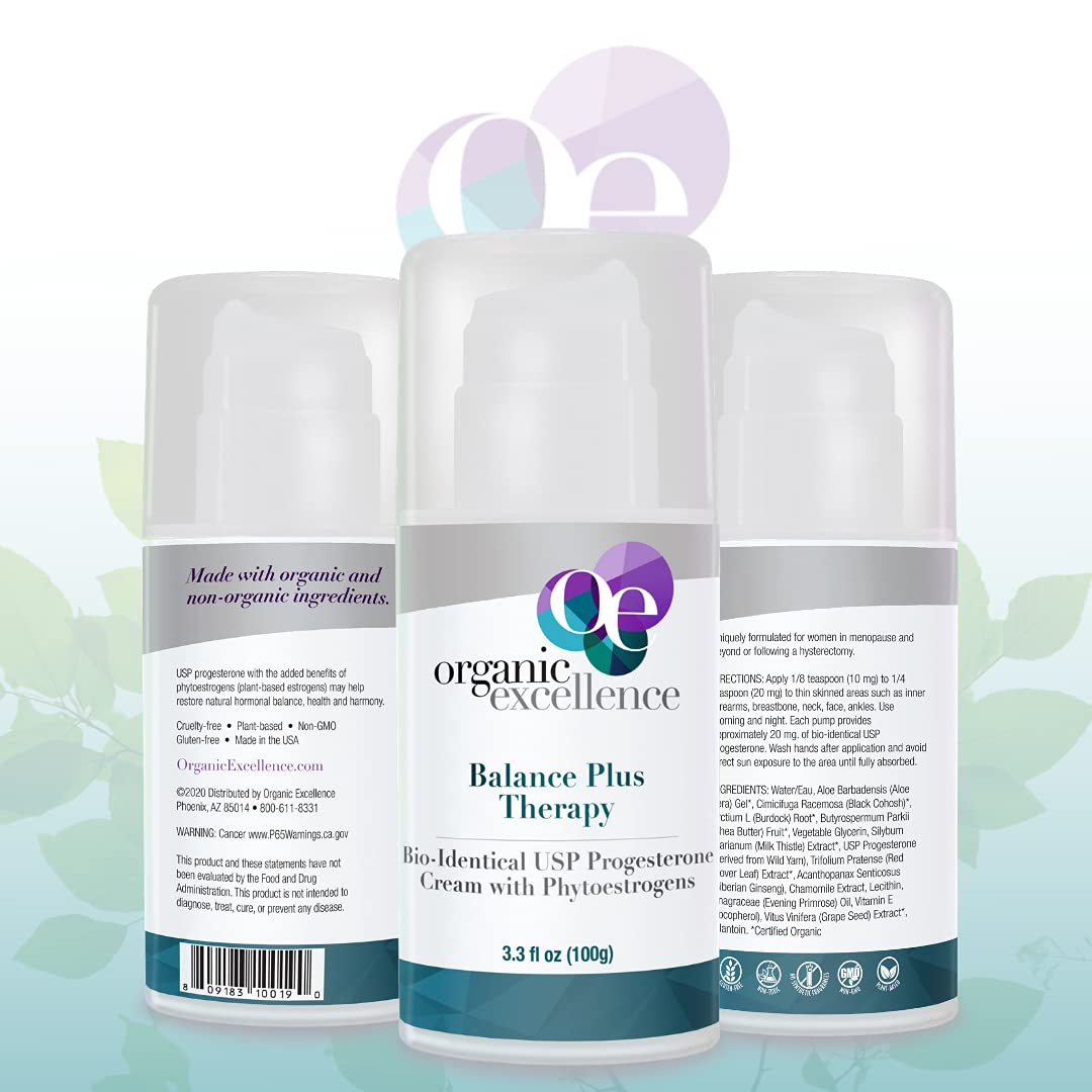 Organic Excellence Balance Plus Therapy label-closeup emphasizes quality and USA-made production