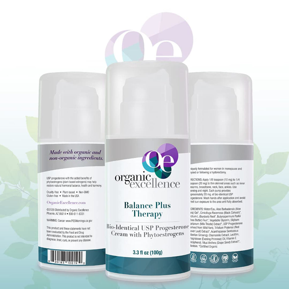 Organic Excellence Balance Plus Therapy label-closeup emphasizes quality and USA-made production
