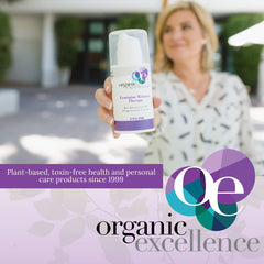 Organic Excellence Progesterone Cream bottle closeup highlights premium plant-based formula without additives.