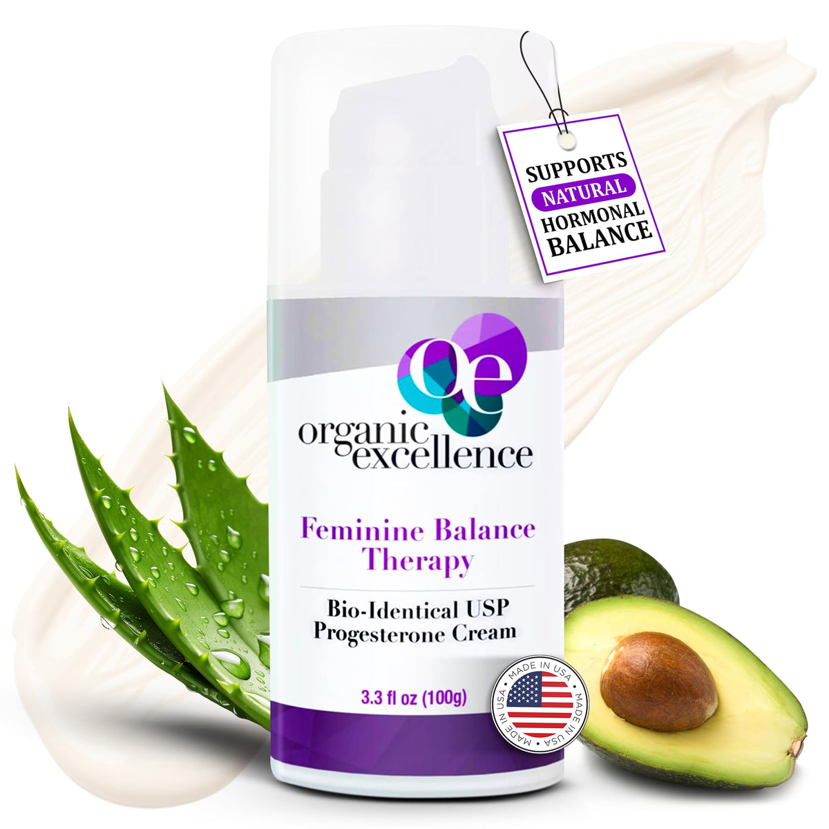 Organic Excellence Progesterone Cream bottle front signals natural hormonal support for daily balance.