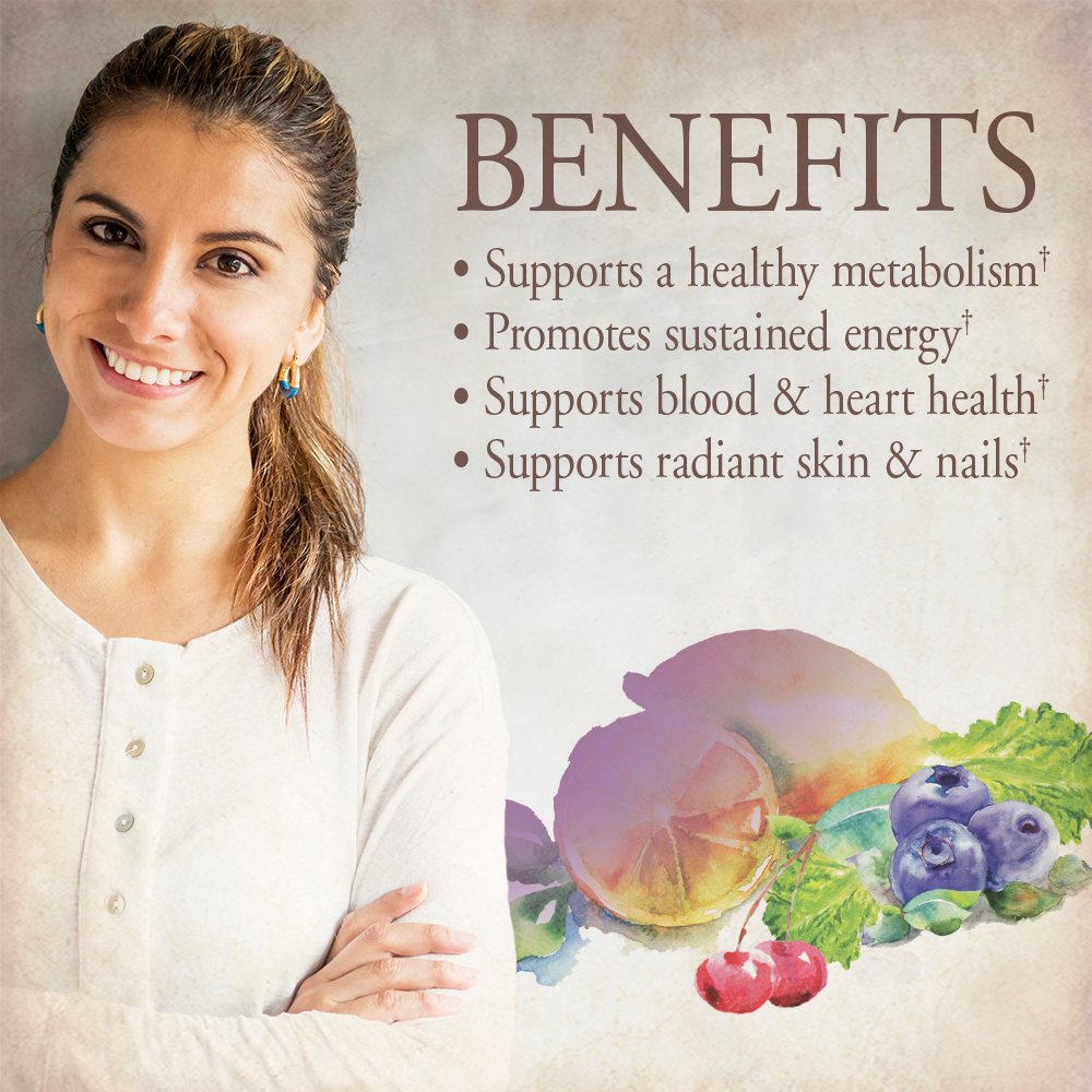 Close-up of organic fruits, vegetables and herbs used in the multivitamin