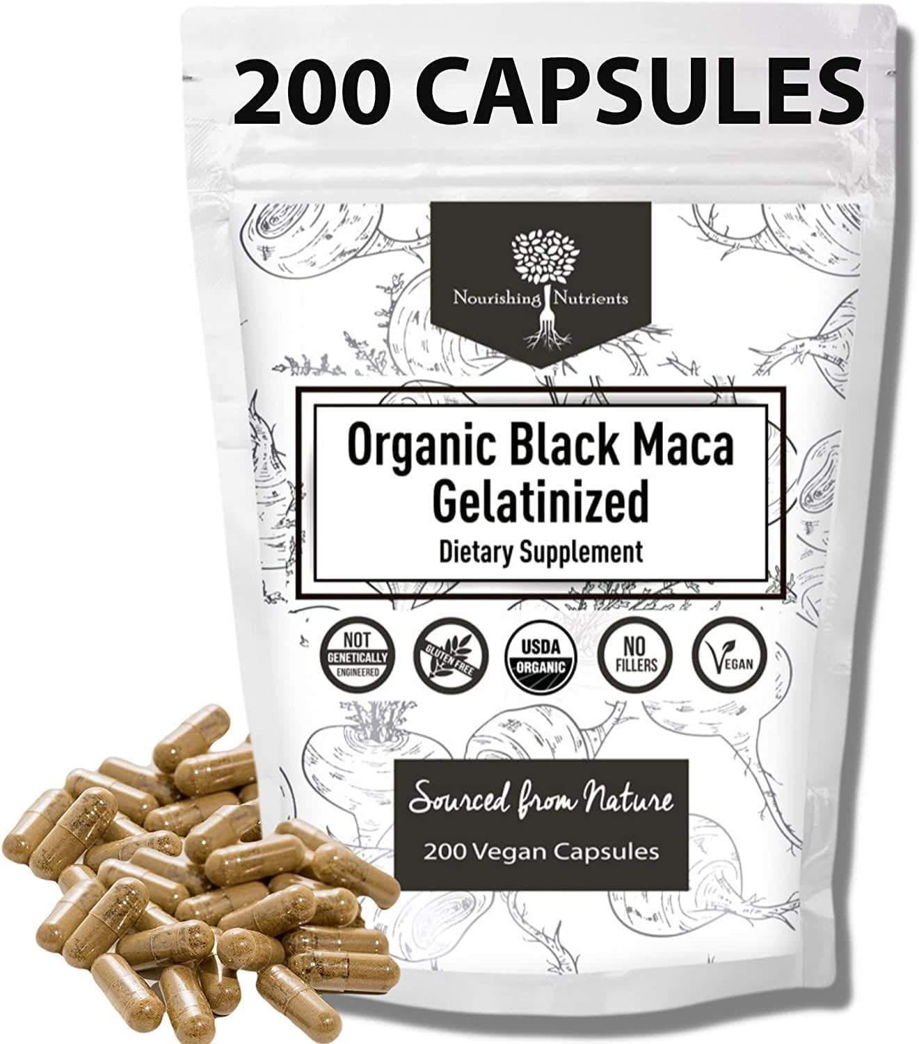 Front view of Organic Gelatinized Black Maca 200 capsules bottle