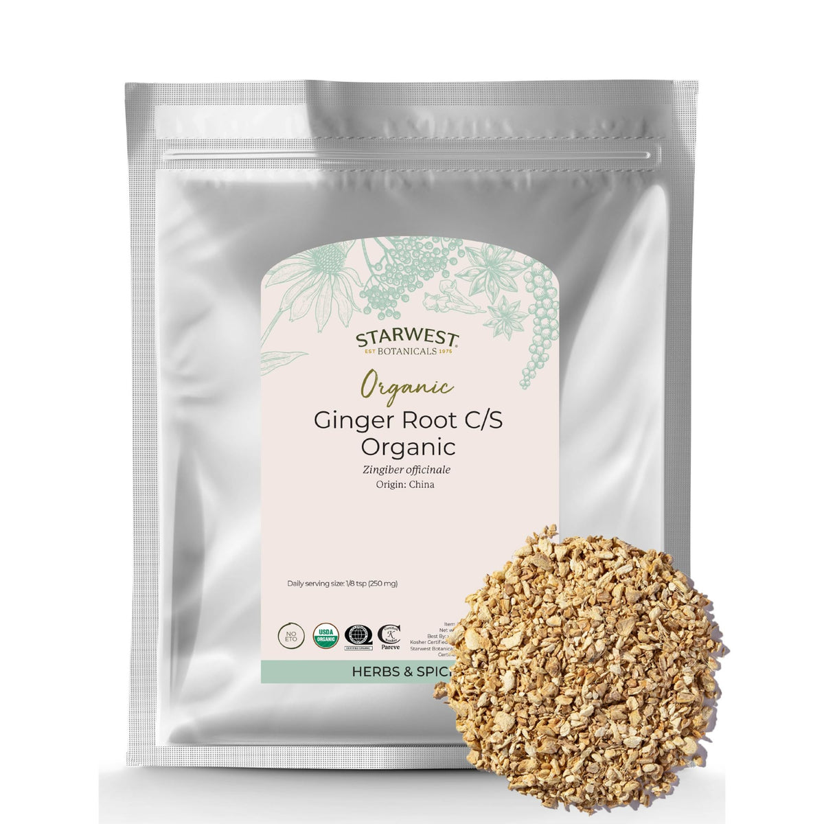 Organic dried ginger root 1/4 inch cut in a resealable 1 lb bag