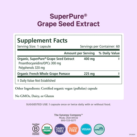 Organic grape seed extract polyphenols and whole fruit depiction