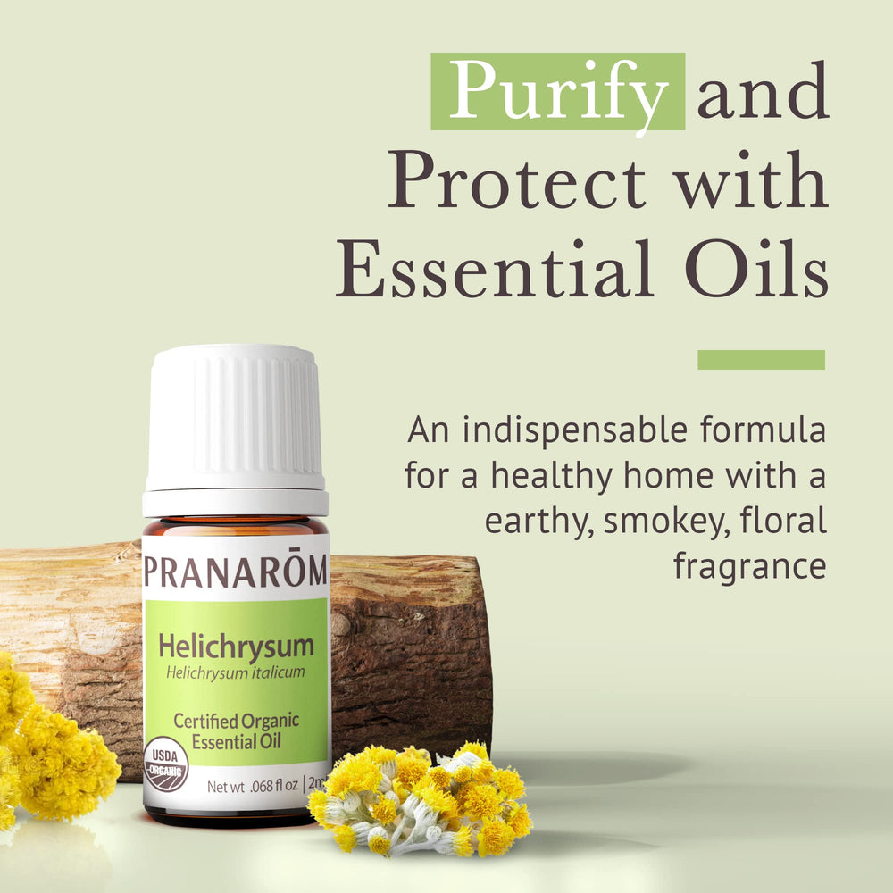 Organic Helichrysum italicum essential oil bottle