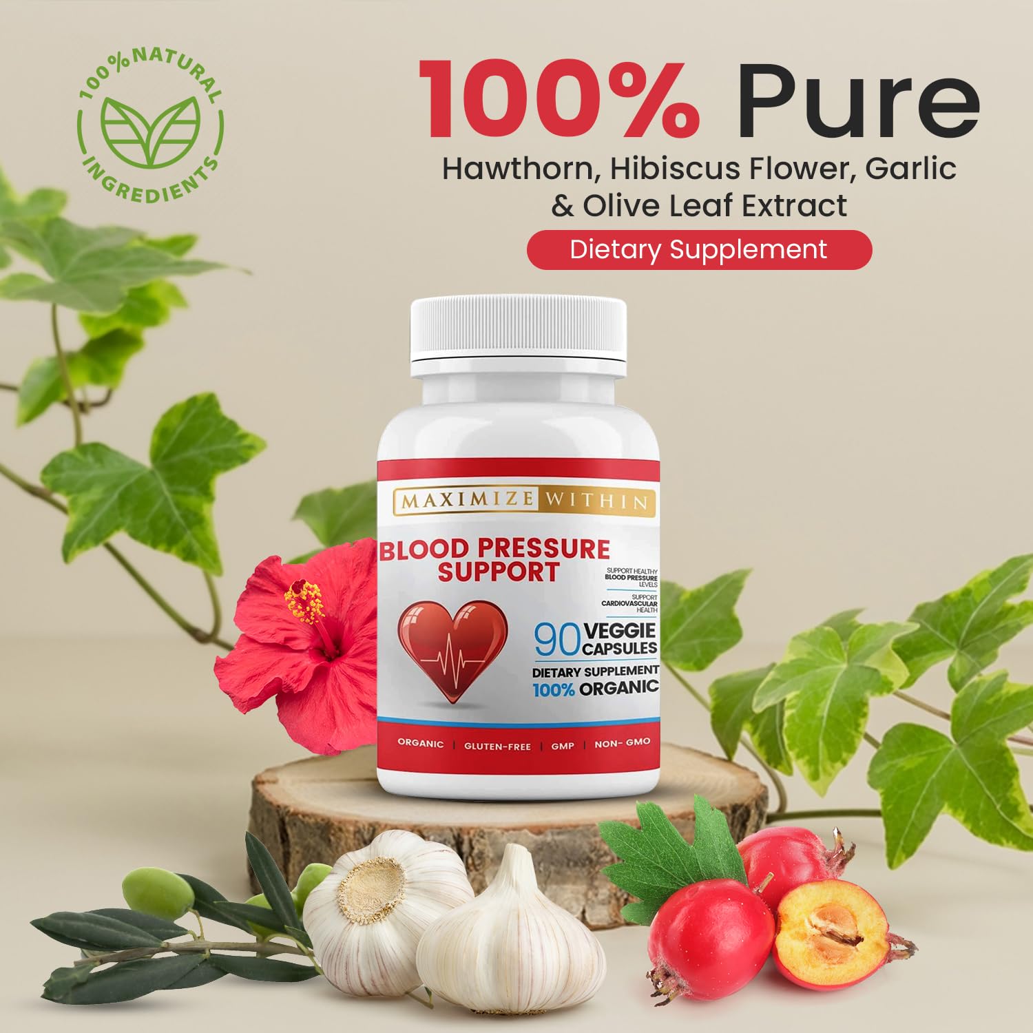 Organic herbs bottle for blood pressure support
