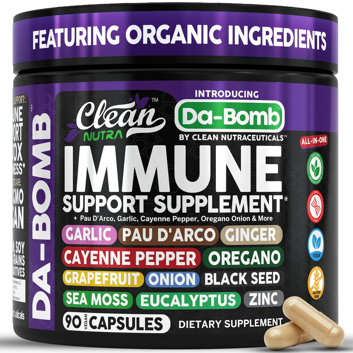 Organic immune support ingredients: pau d'arco, garlic, cayenne, oregano, ginger, sea moss