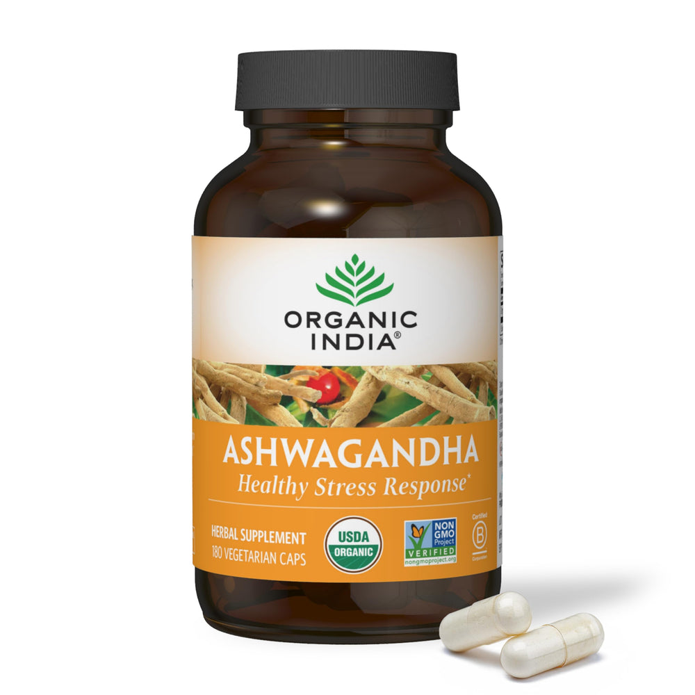Product bottle of ORGANIC INDIA Ashwagandha Capsules