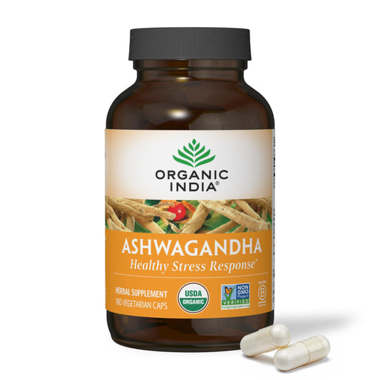 Product bottle of ORGANIC INDIA Ashwagandha Capsules