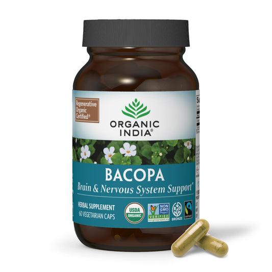 Organic India Bacopa supplement bottle on white background