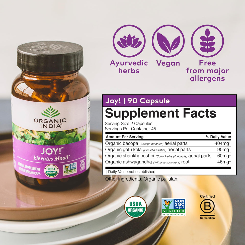 Joy Herbal Supplement bottle on desk with white background