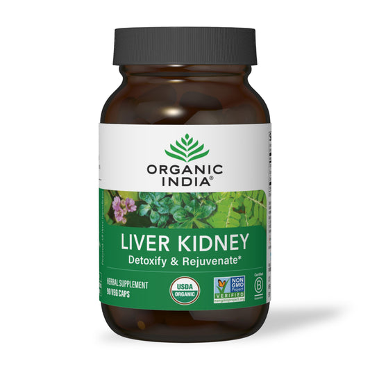 Front view of Organic India Liver Kidney Cleanse 90 capsules bottle