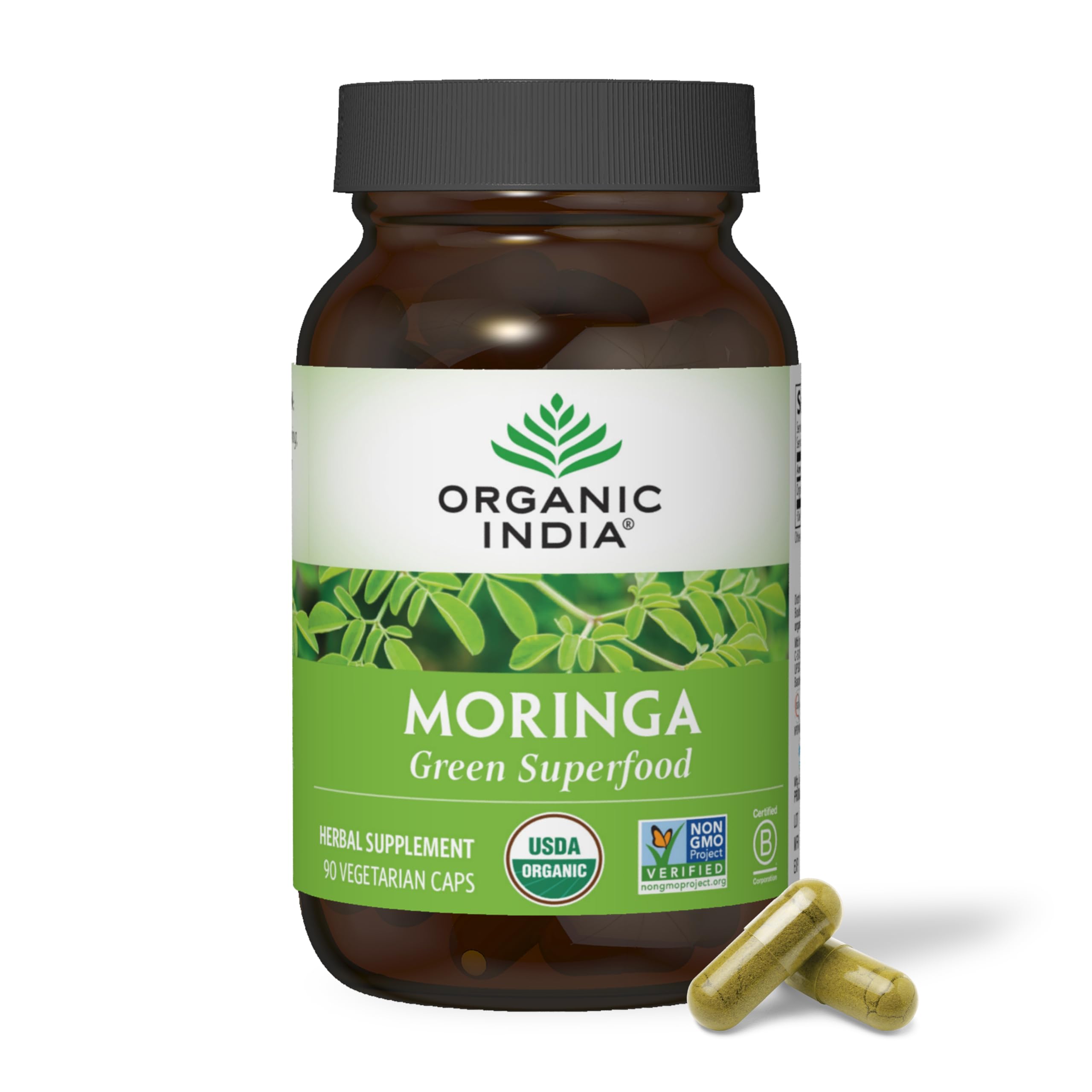 Front view of Organic India Moringa Capsules bottle (90 capsules)