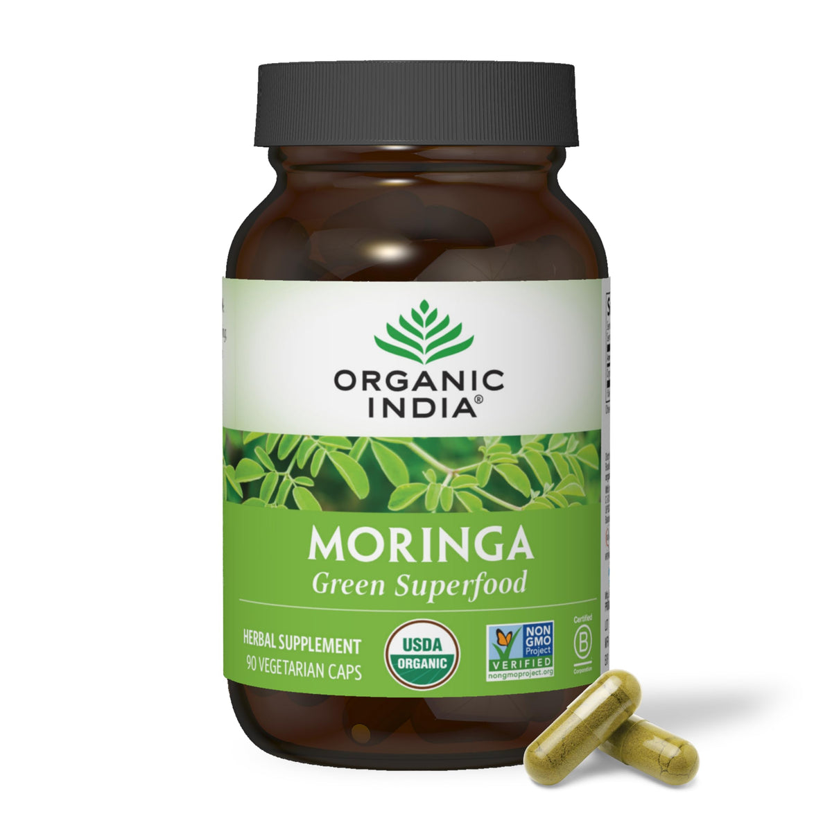 Front view of Organic India Moringa Capsules bottle (90 capsules)