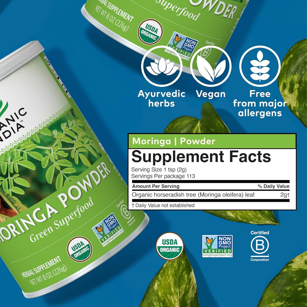 Close-up of pour-top and bottle of Organic India Moringa Powder