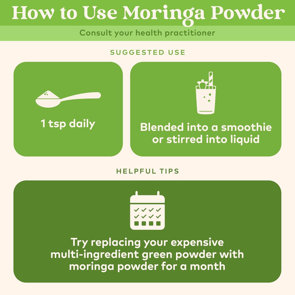 Organic India Moringa Powder jar closeup highlights leaf-based purity.
