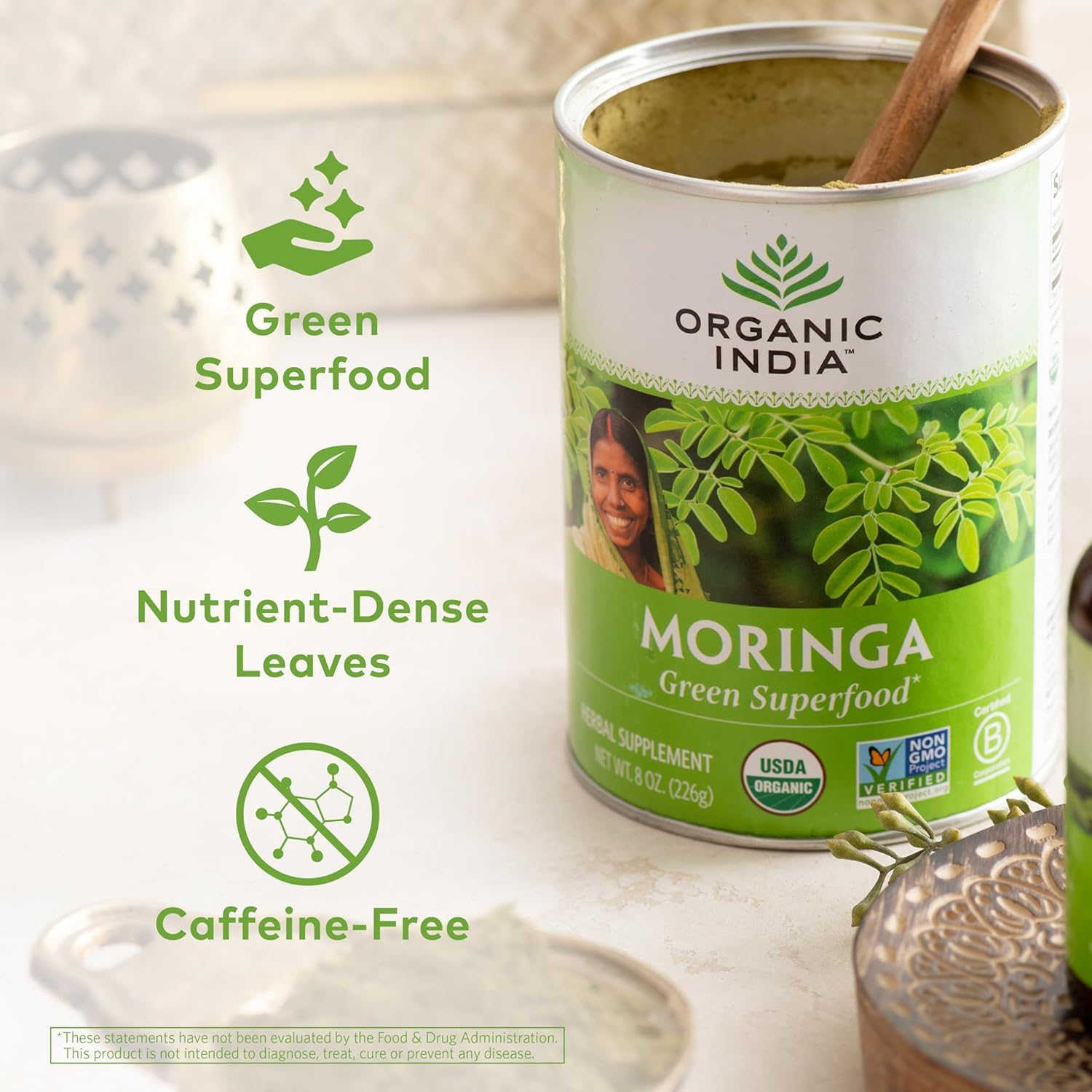Product packaging with Organic Certification label for Moringa Powder