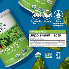 Organic India Moringa Powder two-pack box conveys value and convenience.
