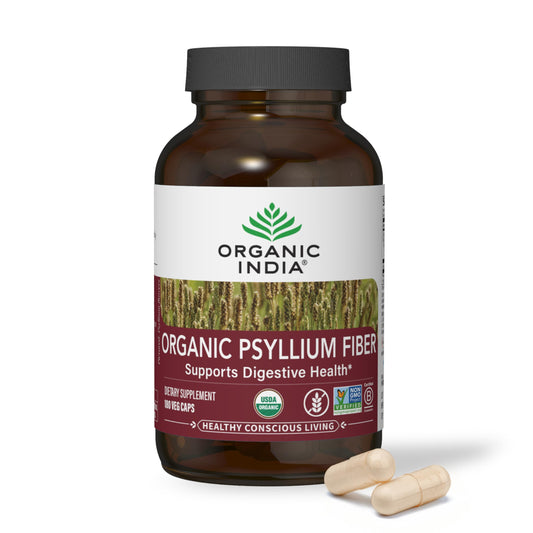 Front view of ORGANIC INDIA Psyllium Husk Capsules packaging