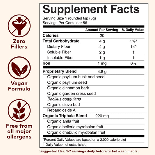 Scoop of psyllium husk powder with cinnamon-flavored label