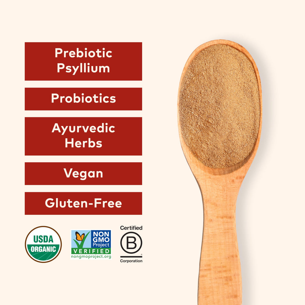 Close-up of Organic India Psyllium Husk Powder label