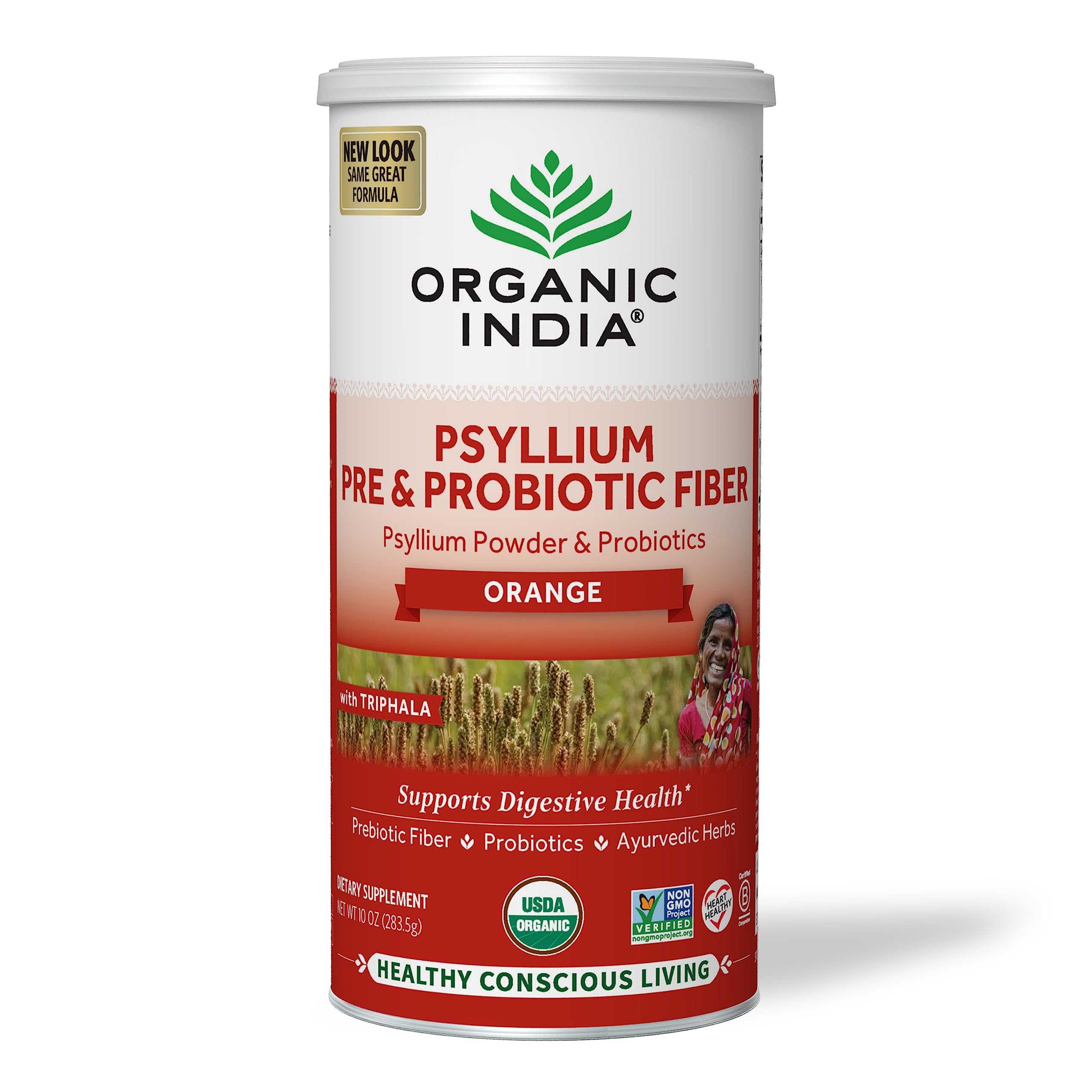 Organic India Psyllium Husk Powder orange flavor 10 oz front view