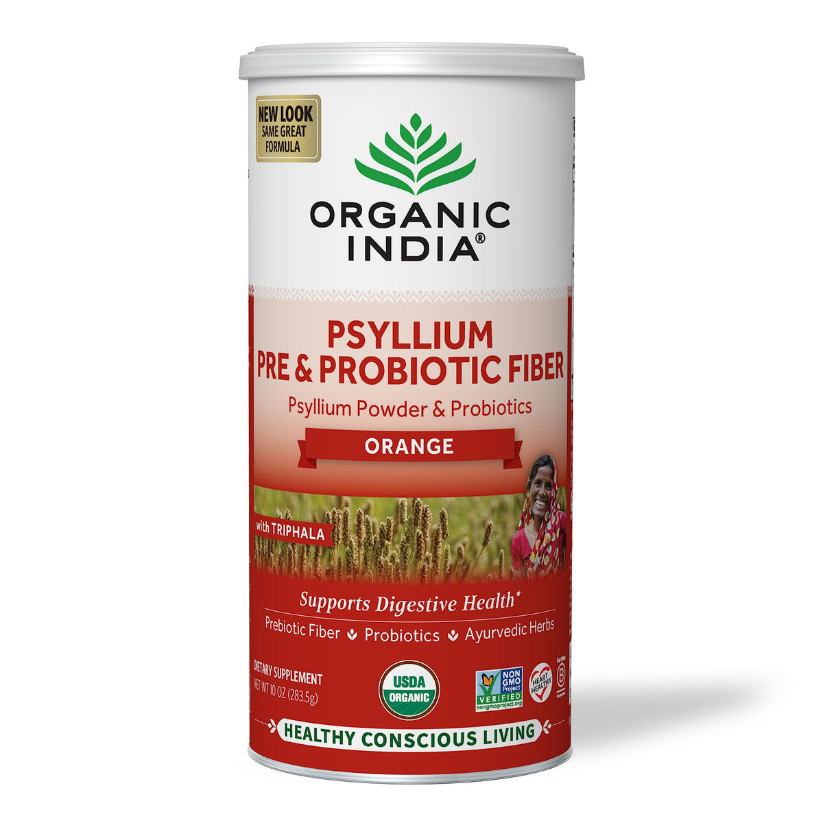 Organic India Psyllium Husk Powder orange flavor 10 oz front view
