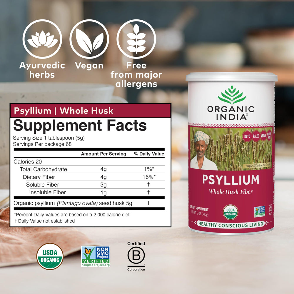 Scoop demonstrates dose for daily Organic India psyllium fiber intake.