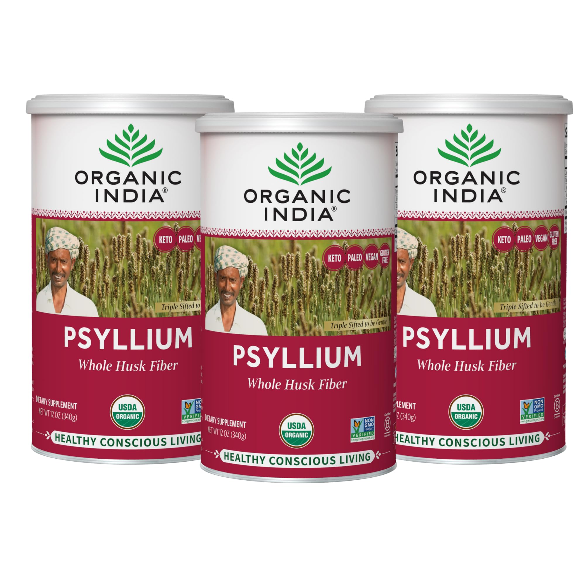 Organic India Psyllium powder tub front with organic seal and fiber focus.